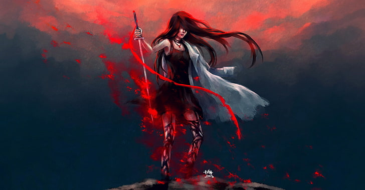 sword, NanFe , artwork, long hair, one person, smoke - physical structure