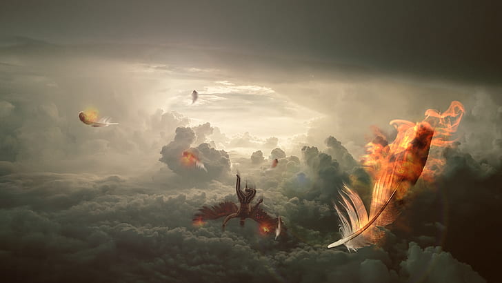 Icarus, clouds, fire, wings, flying, burning, falling, Composite