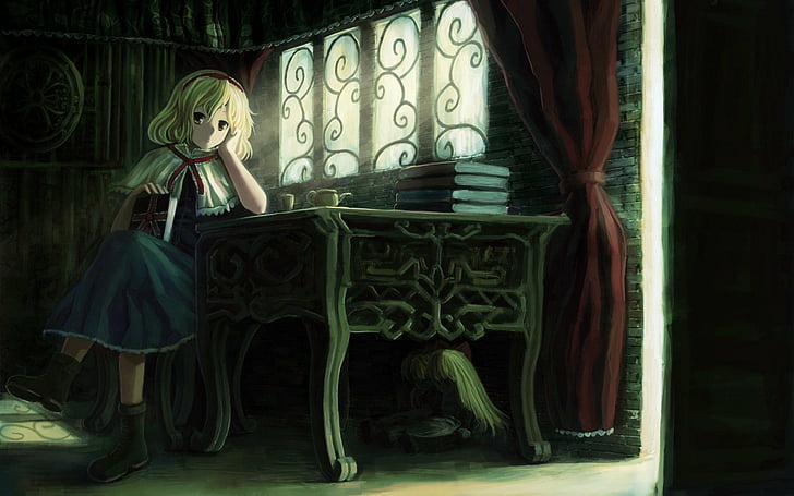 alice, band, blondes, books, chairs, curtains, dolls, dress