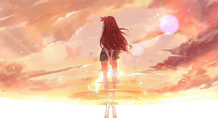 anime, anime girls, reflection, water, ripples, redhead, Kisaragi (KanColle), HD wallpaper