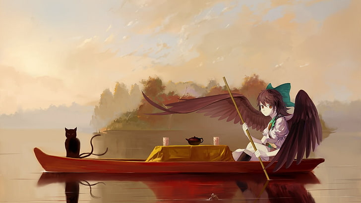cat, boat, wings, river, tea, Kaenbyou Rin, Reiuji Utsuho, Touhou