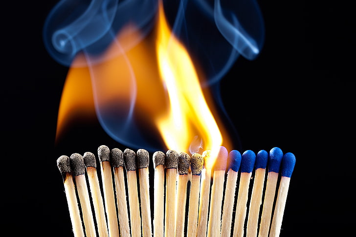 fire, yellow, black, blue, matches, smoke, flame, burning, fire - natural phenomenon, HD wallpaper