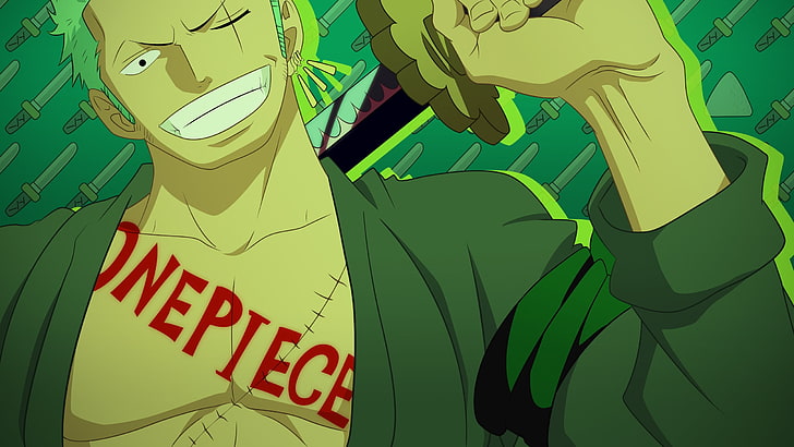 One Piece Roronoa Zoro, anime, anime boys, text, green color