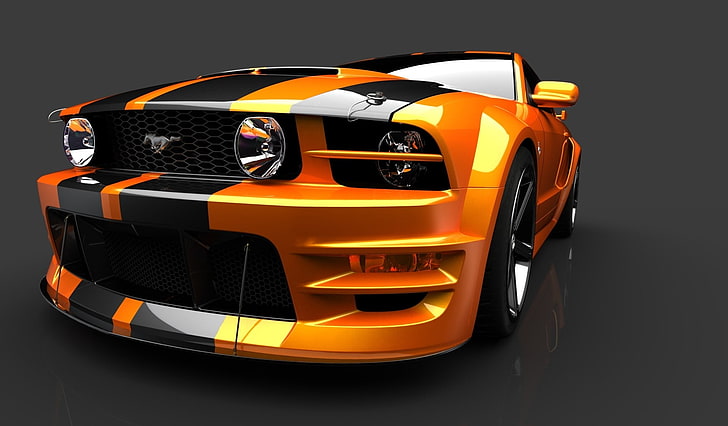 orange and black Ford Mustang GT coupe with dual racing stripes