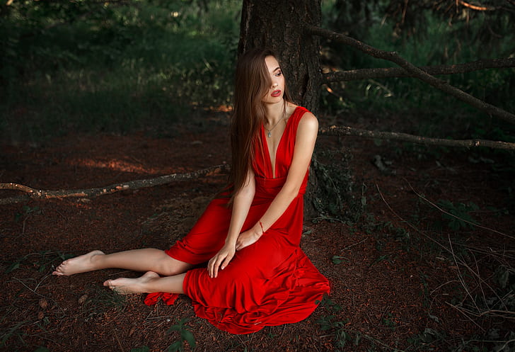 women, red dress, barefoot, model, brunette, long hair, women outdoors, HD wallpaper