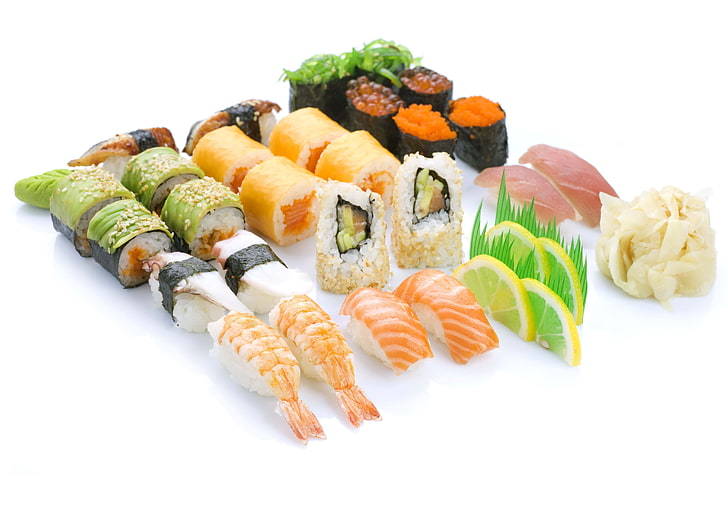 assorted sushi, caviar, seafood, rice, white background, japan