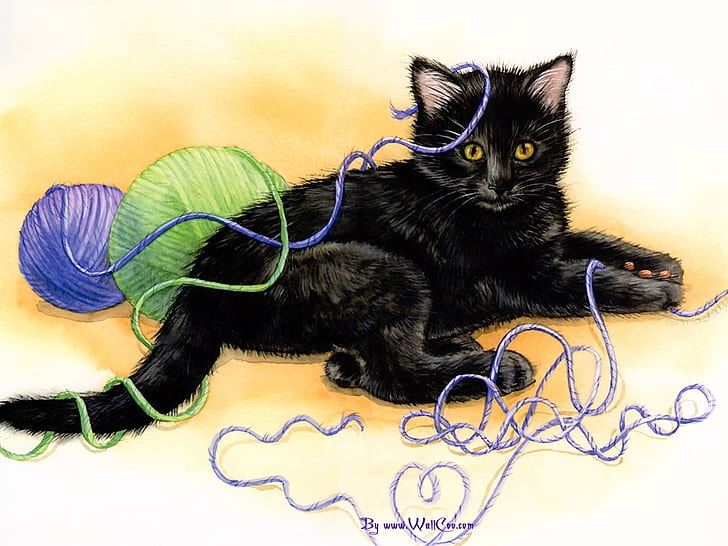 learning to knit Black fun kitten Mischief Playing string Unravel yarn HD, HD wallpaper