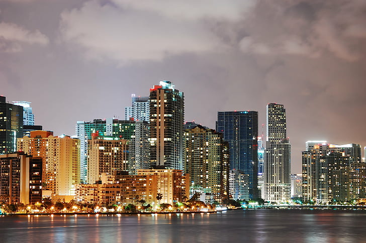 high rise buildings beside body of water under cloudy sky during nighttime, miami, miami, HD wallpaper
