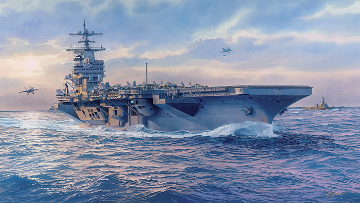 gray aircraft carrier digital wallpaper, the ocean, ships, art