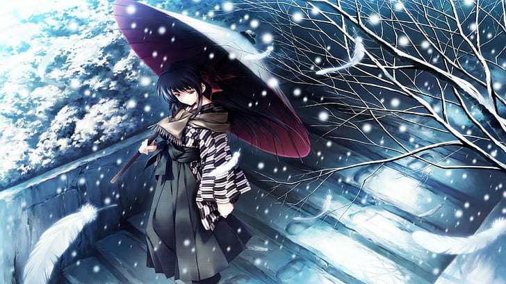 anime girls, snow, umbrella, winter