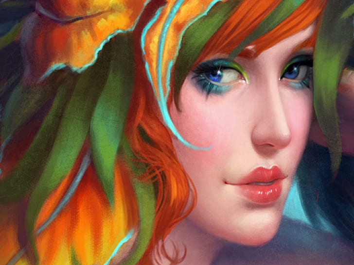 S P L E N D O R, woman with orange hair covered with leaves painting, HD wallpaper