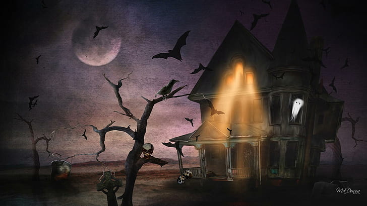 Halloween Haunting, firefox persona, full moon, haunted house, HD wallpaper