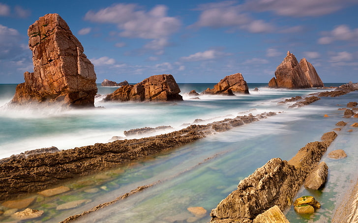 brown rock formation, nature, sea, Spain, Playa de la Arnía