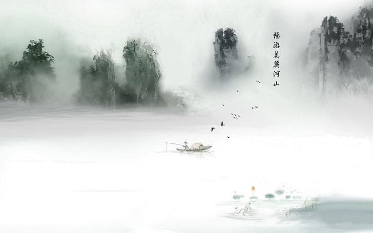 man on boat fishing on lake near mountains painting, chinese classical