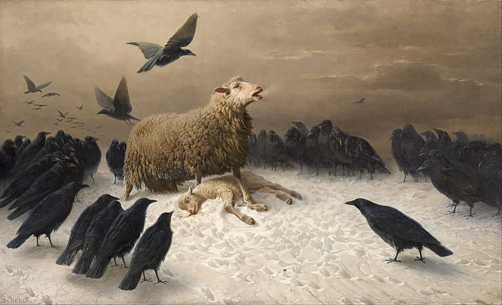 painting of lamb surrounded by ravens, Albrecht Schenck, sheep