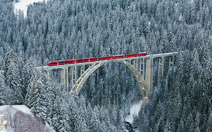 red train, nature, landscape, winter, bridge, forest, river, Switzerland, HD wallpaper