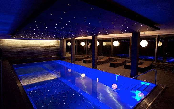 indoor pool, room, evening, interior, luxury, swimming Pool, modern, HD wallpaper
