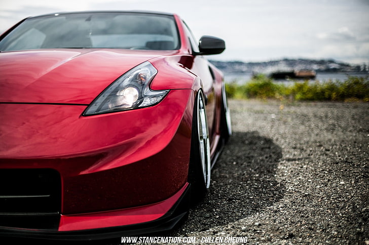 red car, Nissan, Stance, Stanceworks, StanceNation, tuning, red cars, HD wallpaper