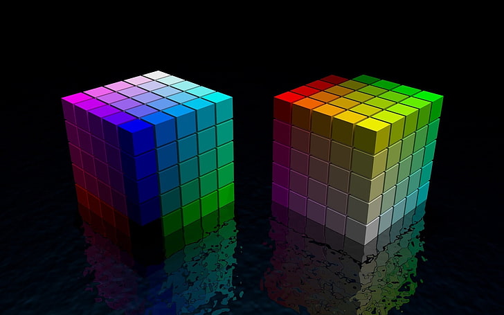 two Rubik's Cubes, dice, colorful, bright, black, space, cube Shape