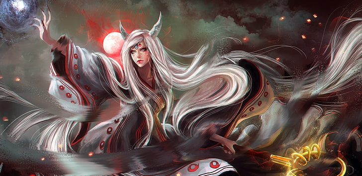 woman with white haired anime character illustration, anime girls