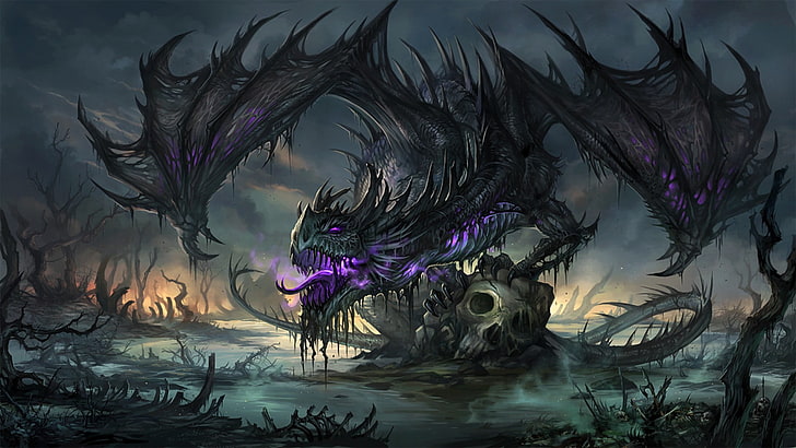 black dragon painting, black and purple dragon digital wallpaper