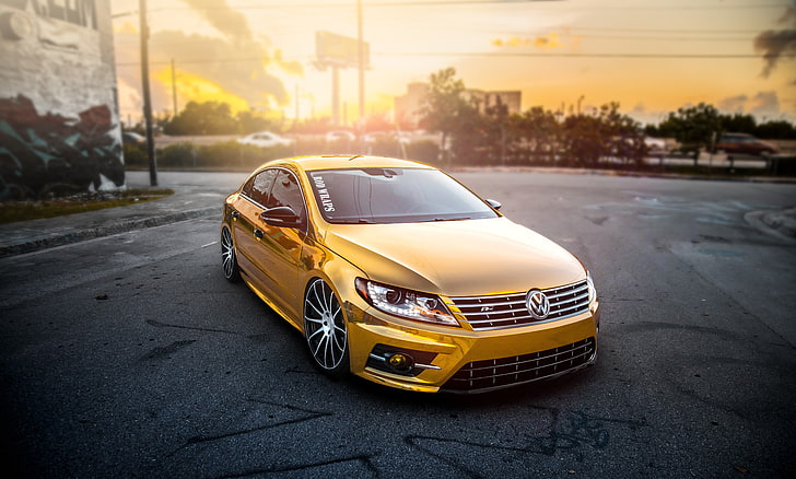 gold Volkswagen sedan, Passat CC, R-Line, car, vehicle, transportation