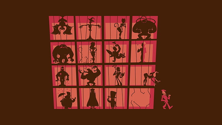 Batman Jail Prison Bane Scarecrow Catwoman Poison Ivy Two Face Mr Frost Riddler Harley Quinn Penguin HD, pink and black silhouette collage cartoon painting, HD wallpaper