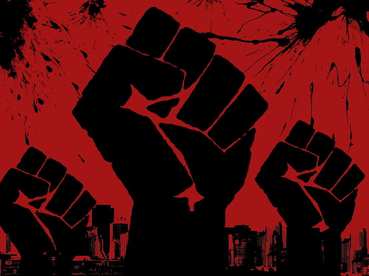 three black and red fist wallpaper, Raised Fist, silhouette, city