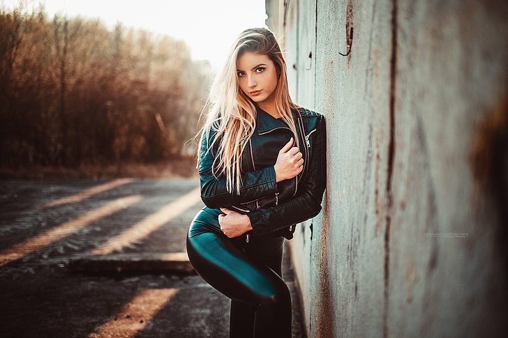 women's green and black jacket, blonde, portrait, leather jackets
