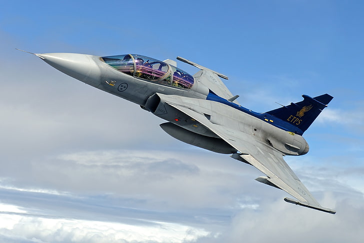 blue and white fighter jet, aircraft, military aircraft, JAS-39 Gripen, HD wallpaper