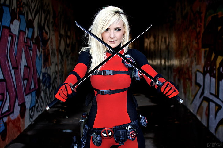 female Deadpool cosplay, women, Jessica Nigri, blonde, sword, HD wallpaper