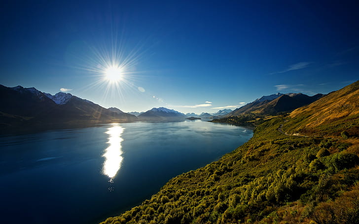 nature, Lake Wakatipu, sun rays, mountains, landscape