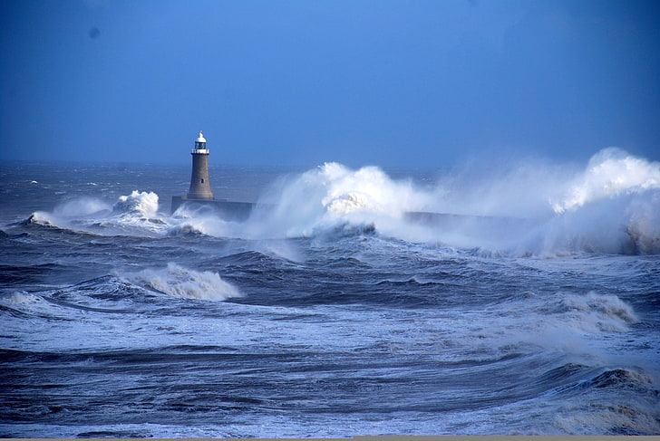 brown and white concrete lighthouse, beacon, sea, ocean, storm