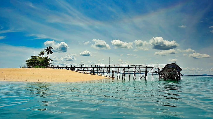 brown dock, nature, water, beach, sky, cloud - sky, sea, beauty in nature, HD wallpaper