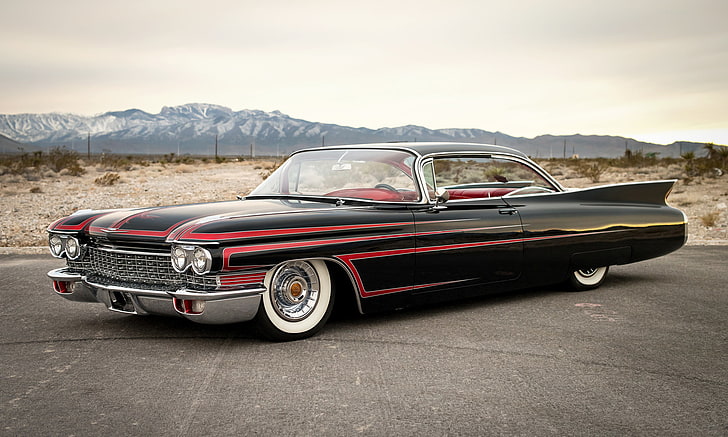 classic red and black coupe, retro, Cadillac, 1960, the front, HD wallpaper