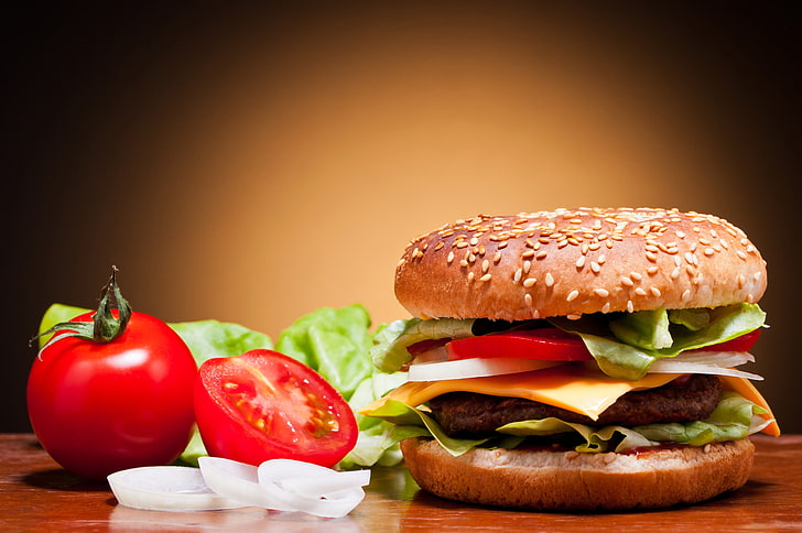 tomato and burger bun, food, tomatoes, hamburgers, salad, fast food, HD wallpaper