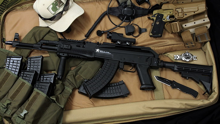 black airsoft assault rifle, gun, watch, stores, Kalash, Kalashnikov, HD wallpaper