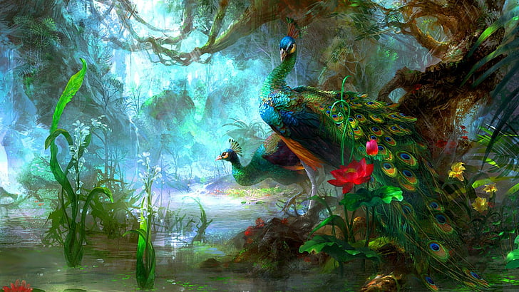 peacock, artistic, artwork, peacocks, lake, green, nature, bird, HD wallpaper
