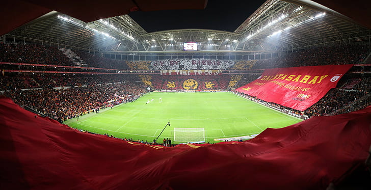 galatasaray sk_ turk telekom arena soccer pitches soccer fans yellow red, HD wallpaper