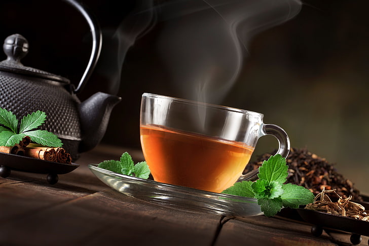 clear glass cup and saucer, tea, kettle, couples, leaves, cinnamon, HD wallpaper