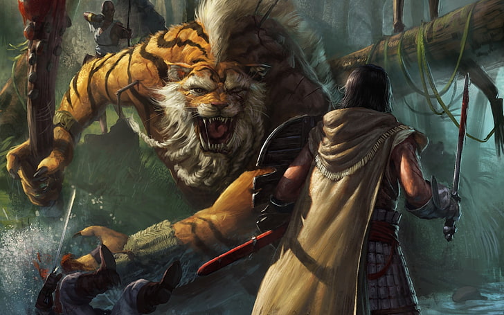 knight fighting tiger digital wallpaper, artwork, sword, jungle