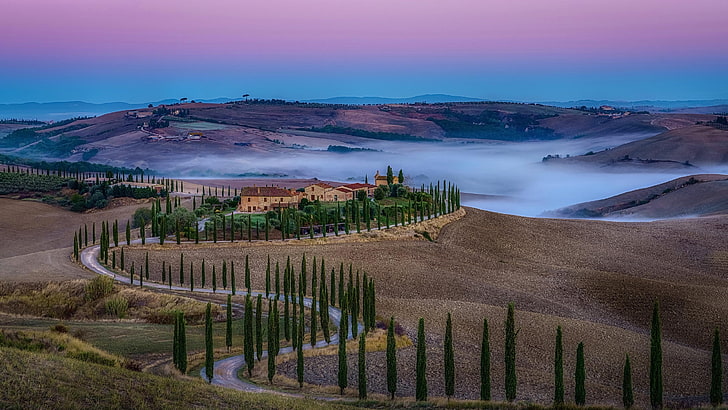 baccoleno, tuscany, mist, castle, road, crete senesi, podere baccoleno, HD wallpaper