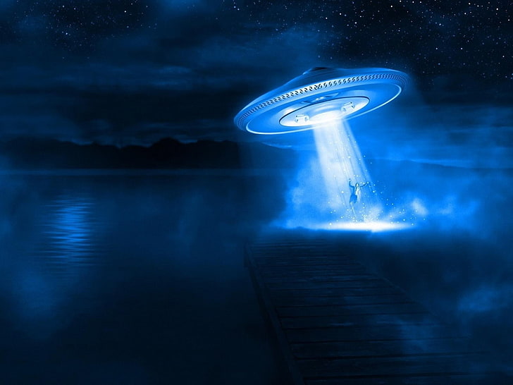 movie still screenshot, UFO, night, blue, water, sky, illuminated