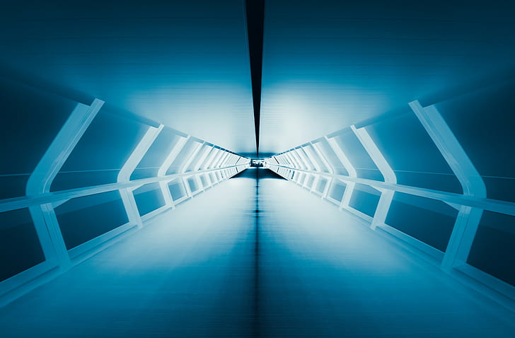 Light in tunnel abstract, gray tunnel, blue, perspective