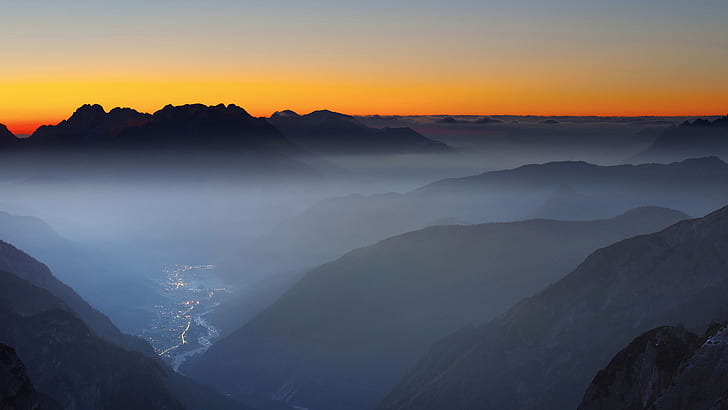 sunset, mountains, valley, HD wallpaper