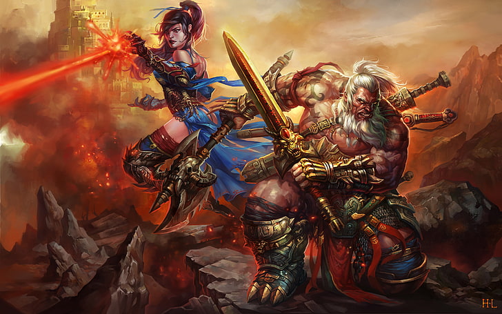 Diablo III characters from video game Barbarian and Witch doctor fan Art Wallpaper HD 4252×2658