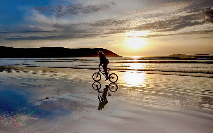 Bicycle Sunset Beach Reflection Ocean HD, nature, HD wallpaper