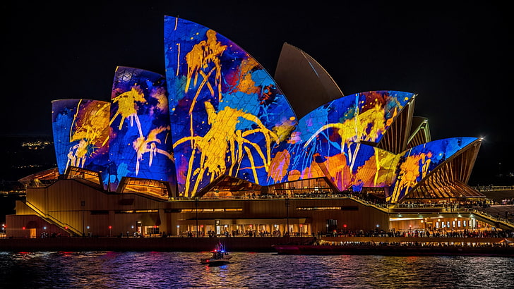 building, Australia, night, Sydney Opera House, water, illuminated