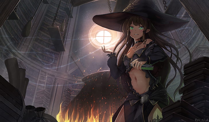 anime, anime girls, hat, witch, witch hat, fantasy girl, HD wallpaper