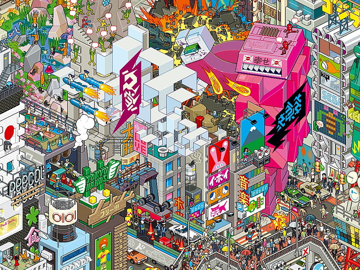 pixels, city, rocket, Japan, artwork, pixel art, mech